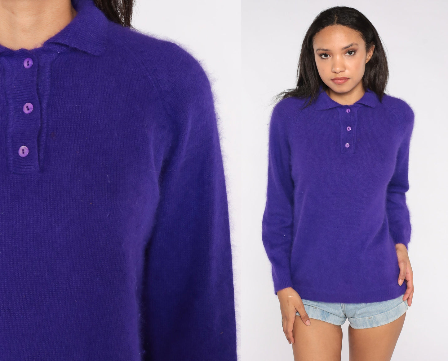 Purple Collared Sweater 80s Knit Sweater Angora Blend Fuzzy Soft Pullover Button Up Polo Sweater Henley 1980s Vintage Knitwear Large L