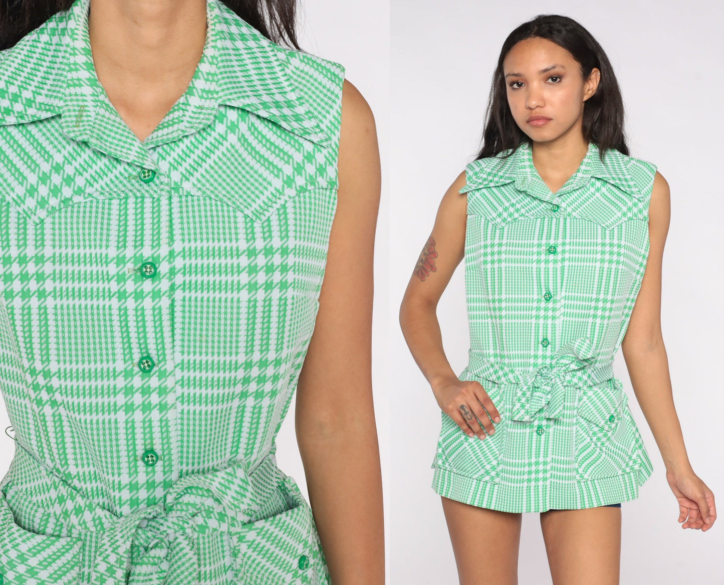 70s Houndstooth Tank Top Mod Shirt Green Dagger Collar Button Up Shirt Collared Sleeveless Blouse White Belted 1970s Plaid Medium Large