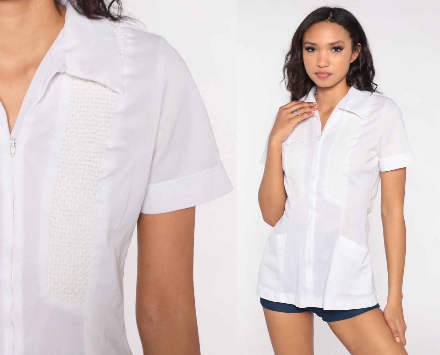 White Nurse Shirt 70s Blouse Uniform Shirt Zip Up Shirt Hippie Boho 1970s Shirt Disco Top Vintage Collared Plain Short Sleeve Medium