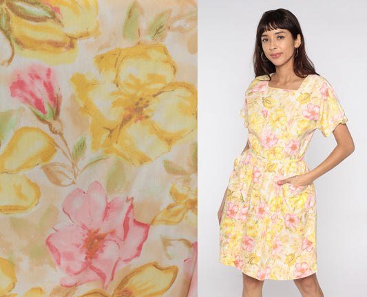 60s Floral Dress Yellow Flower Print Mini Dress Belted Full Pleated Skirt Mod Boho Vintage 1960s High Waist Bohemian Short Sleeve Medium