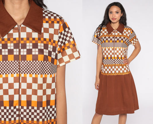 60s Mod Dress Checkered Brown Front Zip Midi Plaid Dress SCOOTER Drop Waist Dress 70s Vintage Short Sleeve Minidress Gogo Extra Large xl