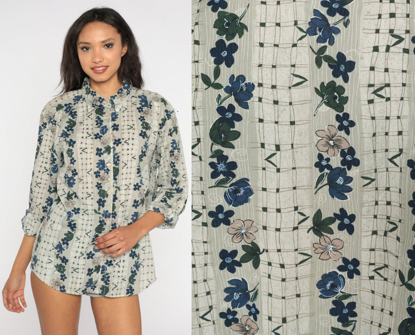 90s Floral Blouse Grey Button Up Checkered Cuffed Sleeve Top Collar Grunge Boho 1990s Vintage Collared Shirt Neutral Flower Print Large L