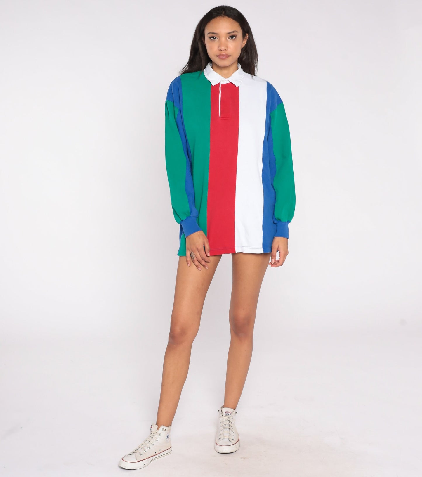 Striped Polo Shirt Red White Blue Green Long Sleeve Rugby Shirt 80s Quarter Button Up Collared 1980s 1990s Hipster Retro Vintage Medium M