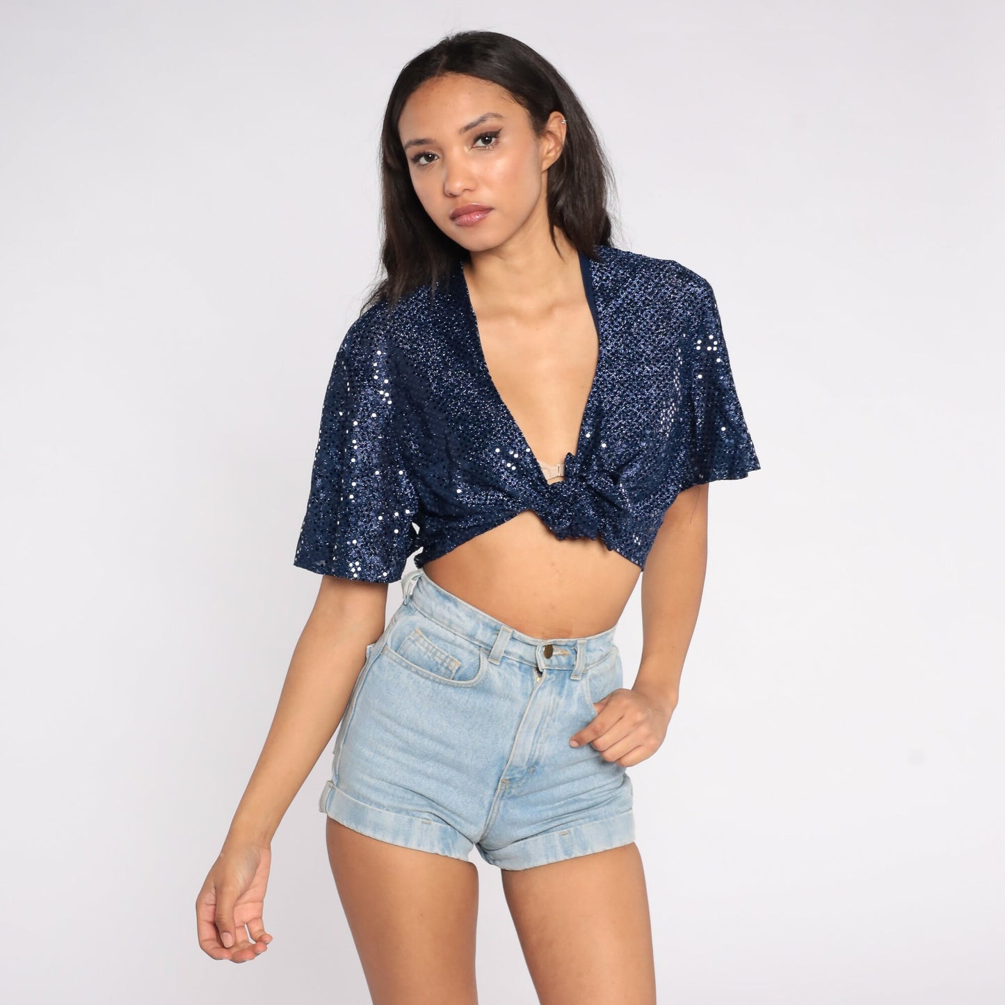 Sequin Crop Top 90s Party Shirt Blue Sparkly Tie Front Blouse Vintage Formal Going Out Festival Glam Holiday Short Sleeve Retro 1990s Large