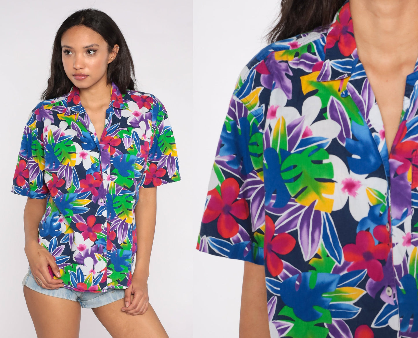 Tropical Floral Shirt Bright Hawaiian Blouse Button Up 80s Vintage Surfer Vacation Short Sleeve Leaf Print Retro Tourist Top 90s Medium M