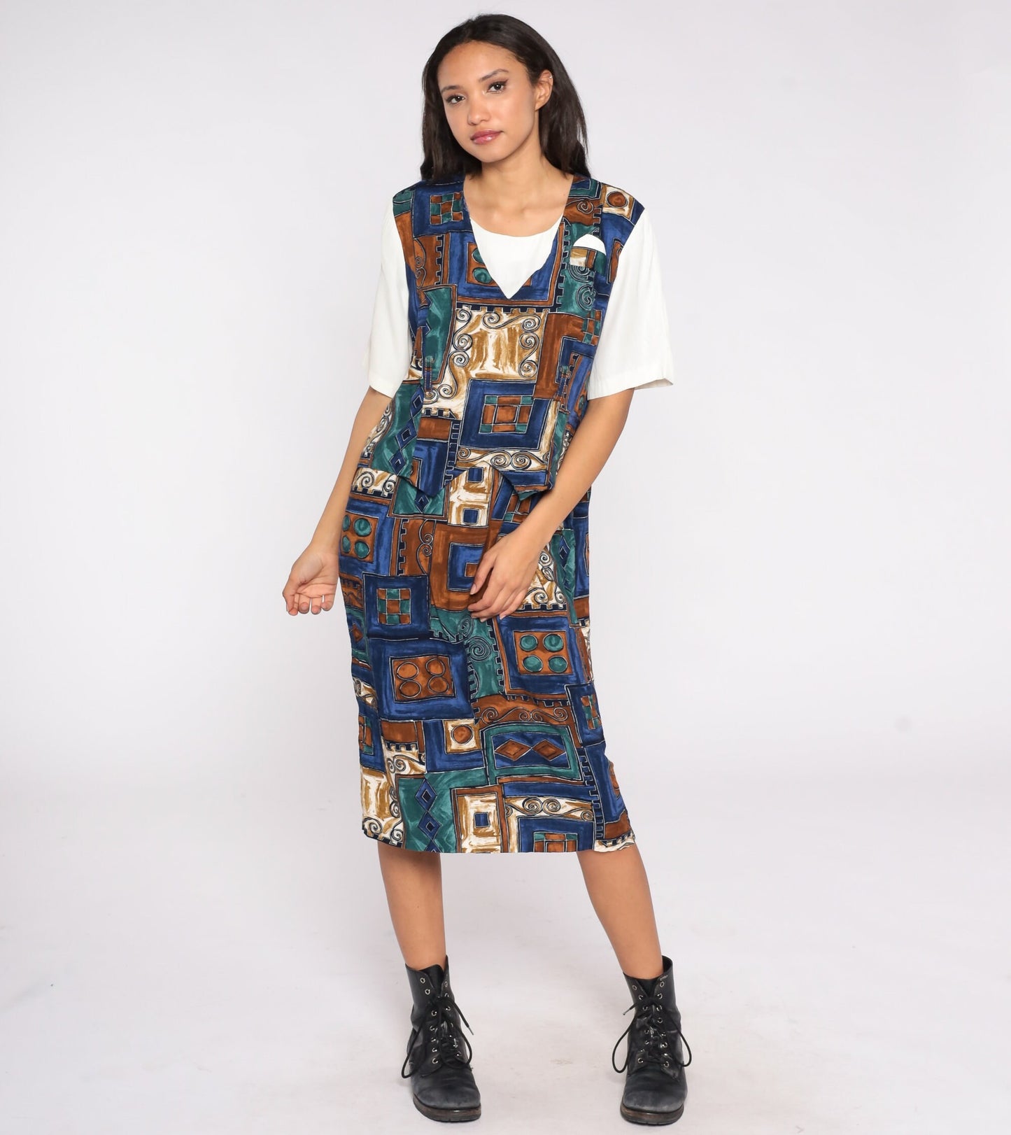 Attached Vest Dress 90s Midi Dress Brown Blue Green Abstract Print 2fer Boho Artsy Layered Grunge Bohemian Short Sleeve 1990s Large L