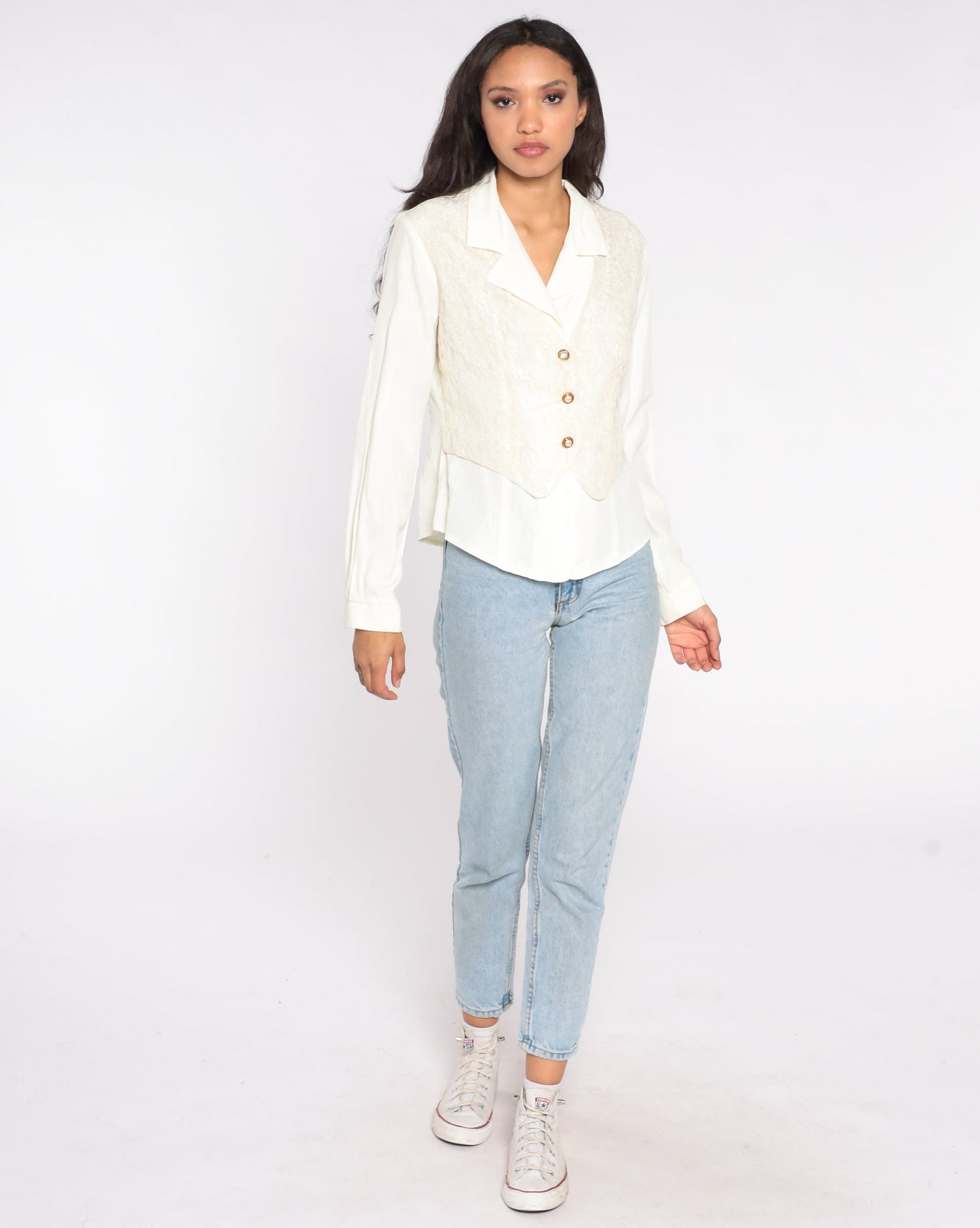 90s Off-White Blouse Attached Button Up Vest Lace Floral Shirt Victorian Long Sleeve Top Twofer Boho 1990s Romantic Vintage 2fer Medium M