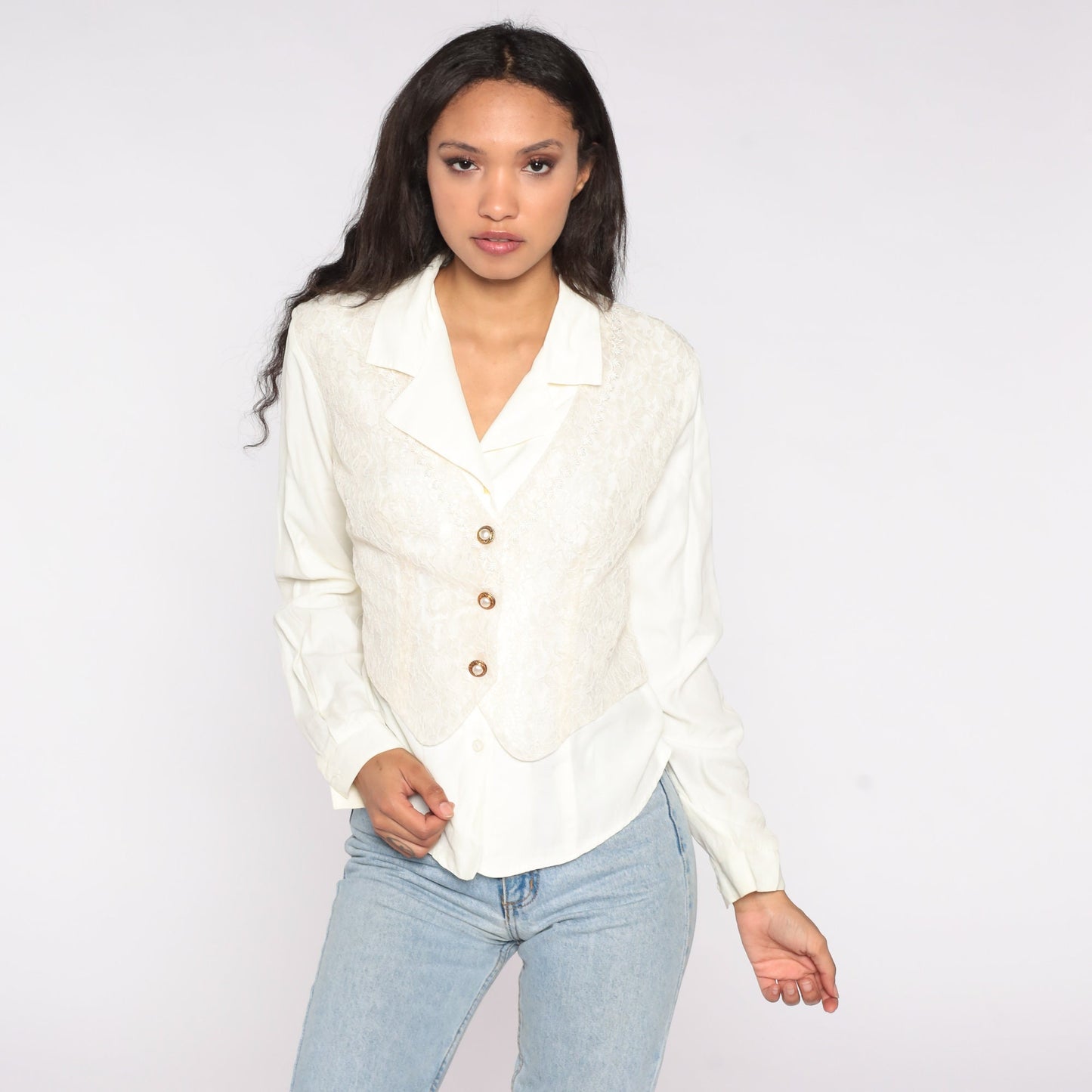 90s Off-White Blouse Attached Button Up Vest Lace Floral Shirt Victorian Long Sleeve Top Twofer Boho 1990s Romantic Vintage 2fer Medium M