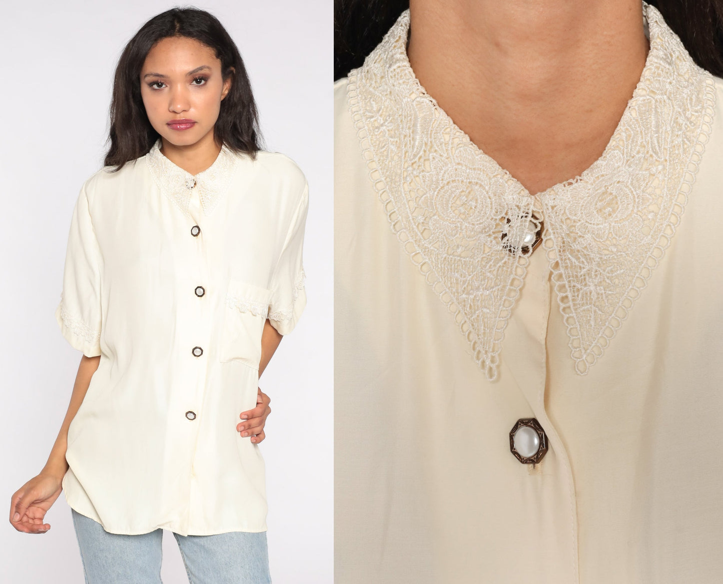 80s Cream Blouse Button Up Lace Collar Shirt Victorian Style Blouse Vintage Plain Simple Collared Top 1980s Romantic Short Sleeve 2xl xxl