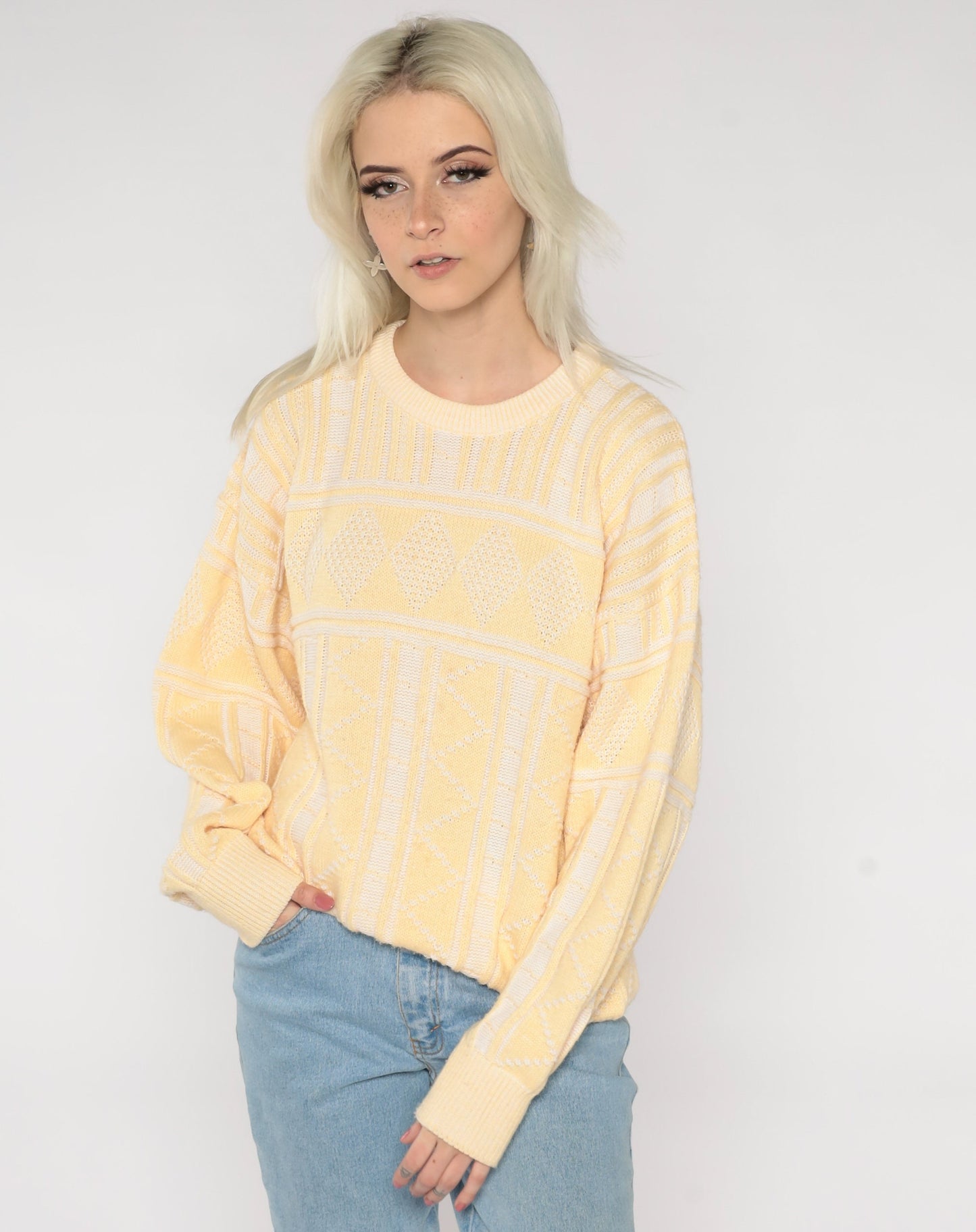 Yellow Knit Sweater 80s Geometric Pastel Sweater Jacquard Print 1980s Vintage Knitwear Pullover Spring Sweater Retro Cozy Kawaii Large L