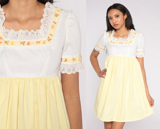 60s Babydoll Mini Dress Eyelet Lace Dress Puff Sleeve White Pale Yellow Mod 70s Empire Waist Cottagecore Vintage MiniDress Extra Small xs