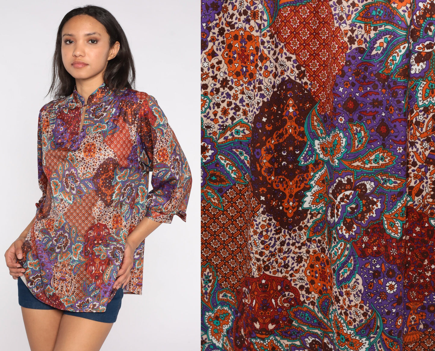 Patchwork Paisley Blouse 70s Keyhole High Neck Shirt 3/4 Sleeve Hippie Top Collar Boho Groovy Psychedelic Vintage 1970s Retro Bohemian Large