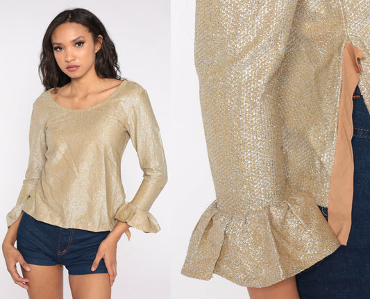 60s Metallic Blouse Gold Silver Shirt Party Top Bell Sleeve Shirt 1960s Going Out Sparkly Vintage 70s Sparkle Evening Top Extra Small xs s