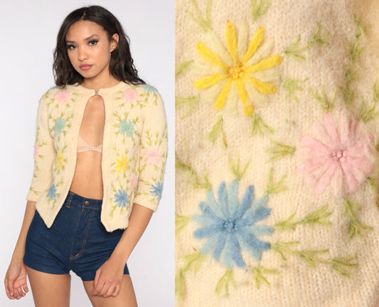 60s Floral Embroidered Sweater Cream Wool Cardigan Sweater Grandma Sweater Pastel Open Front Boho 1960s Hippie Vintage Knit Extra Small xs