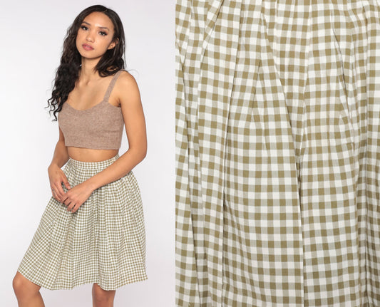 60s Gingham Skirt Olive Green Checkered Plaid Skirt Mini High Waisted 1960s Preppy White Mini Skirt Vintage Rockabilly Extra Small xs 0