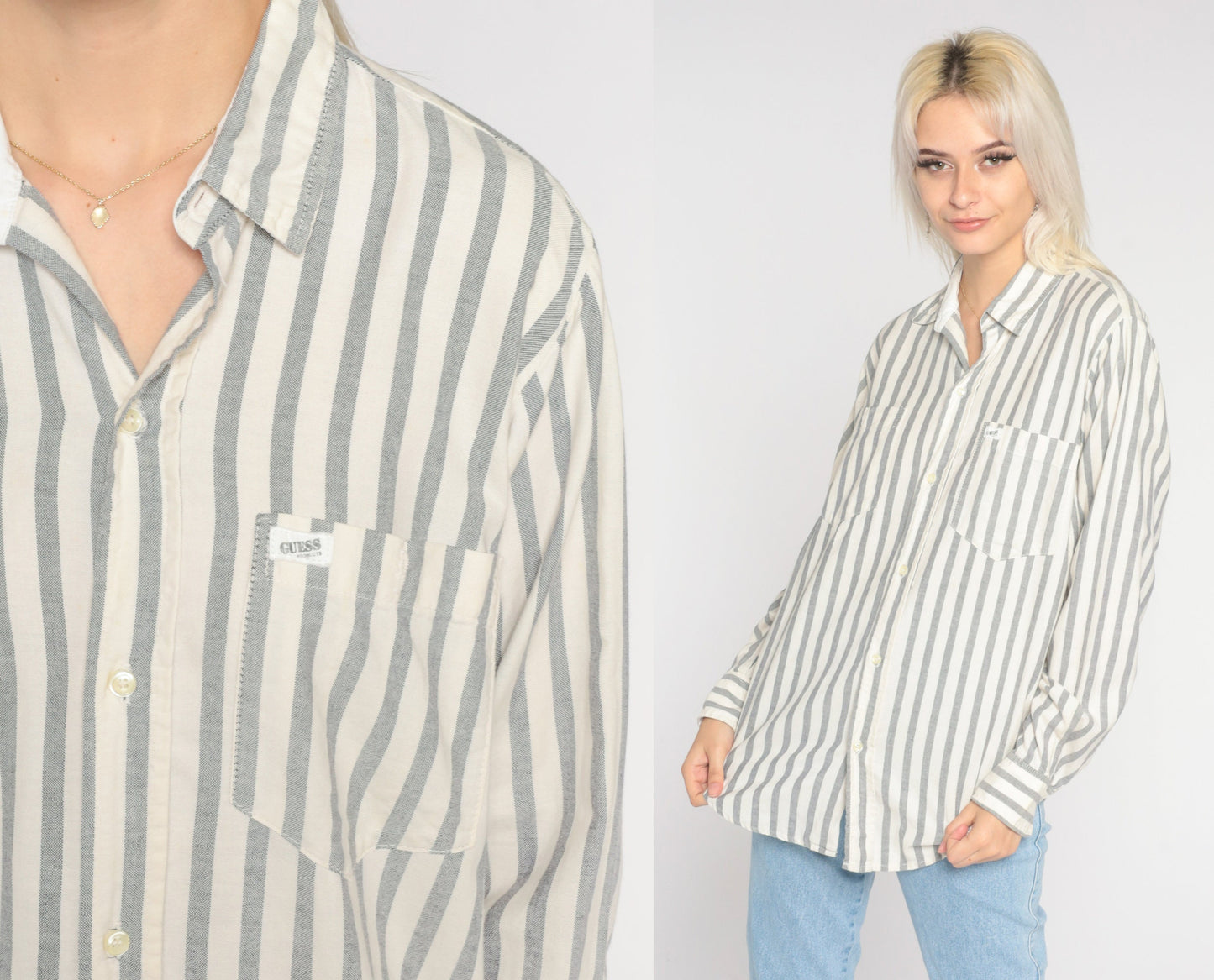 90s GUESS Shirt Grey Striped Shirt White Button Up Blouse Long Sleeve Top Grunge 1990s Vintage Medium Large