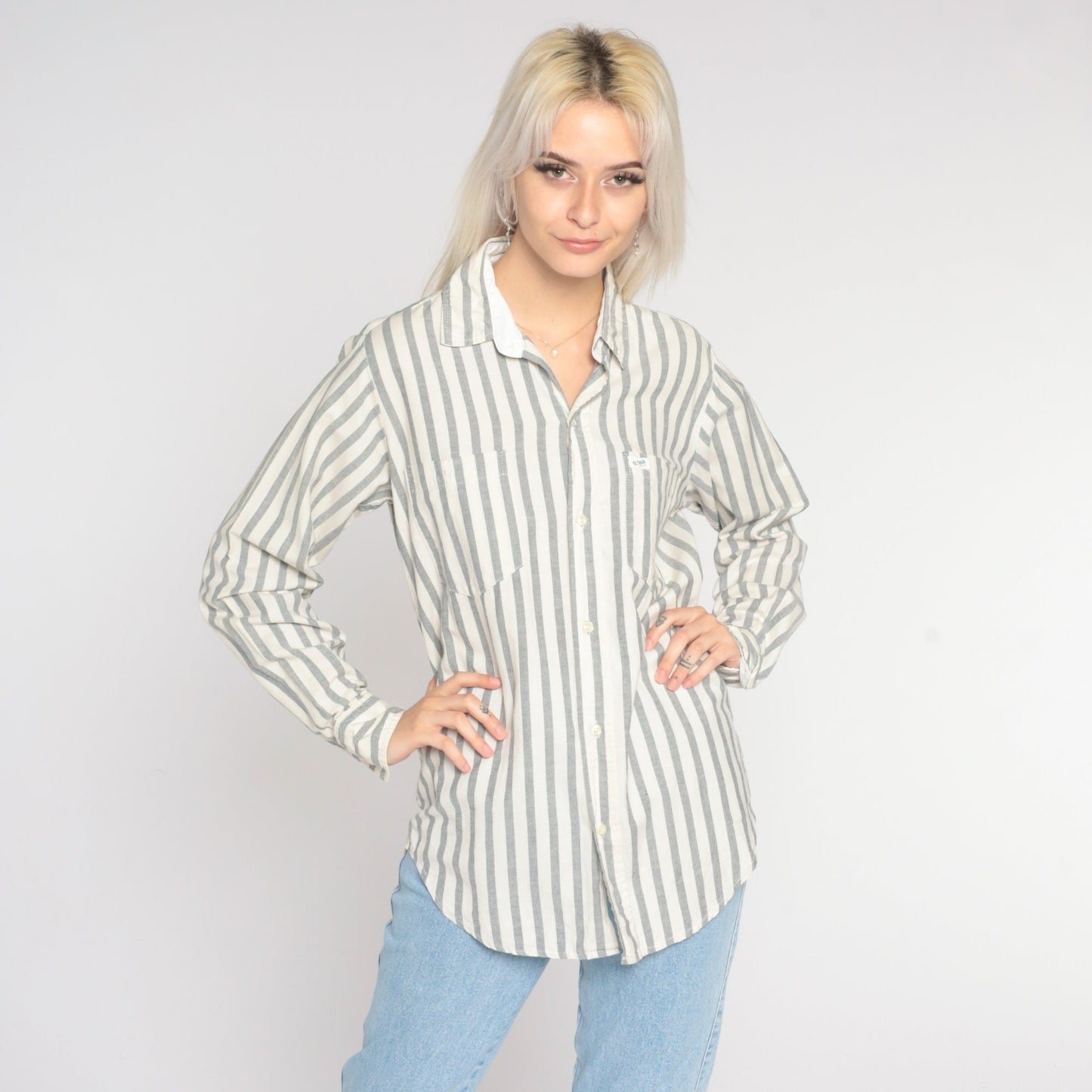 90s GUESS Shirt Grey Striped Shirt White Button Up Blouse Long Sleeve Top Grunge 1990s Vintage Medium Large