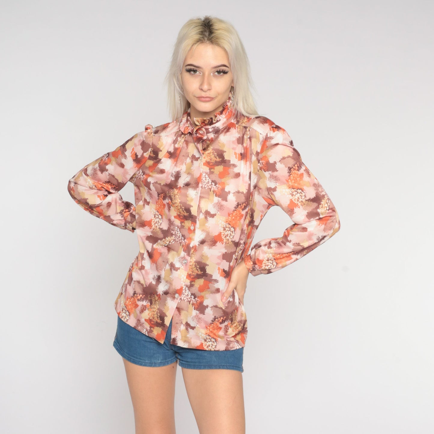 Abstract Puff Sleeve Blouse Red 70s Button Up Shirt Floral Brushstroke Boho Top Ruffle Neck Vintage 1970s Psychedelic Long Sleeve Medium