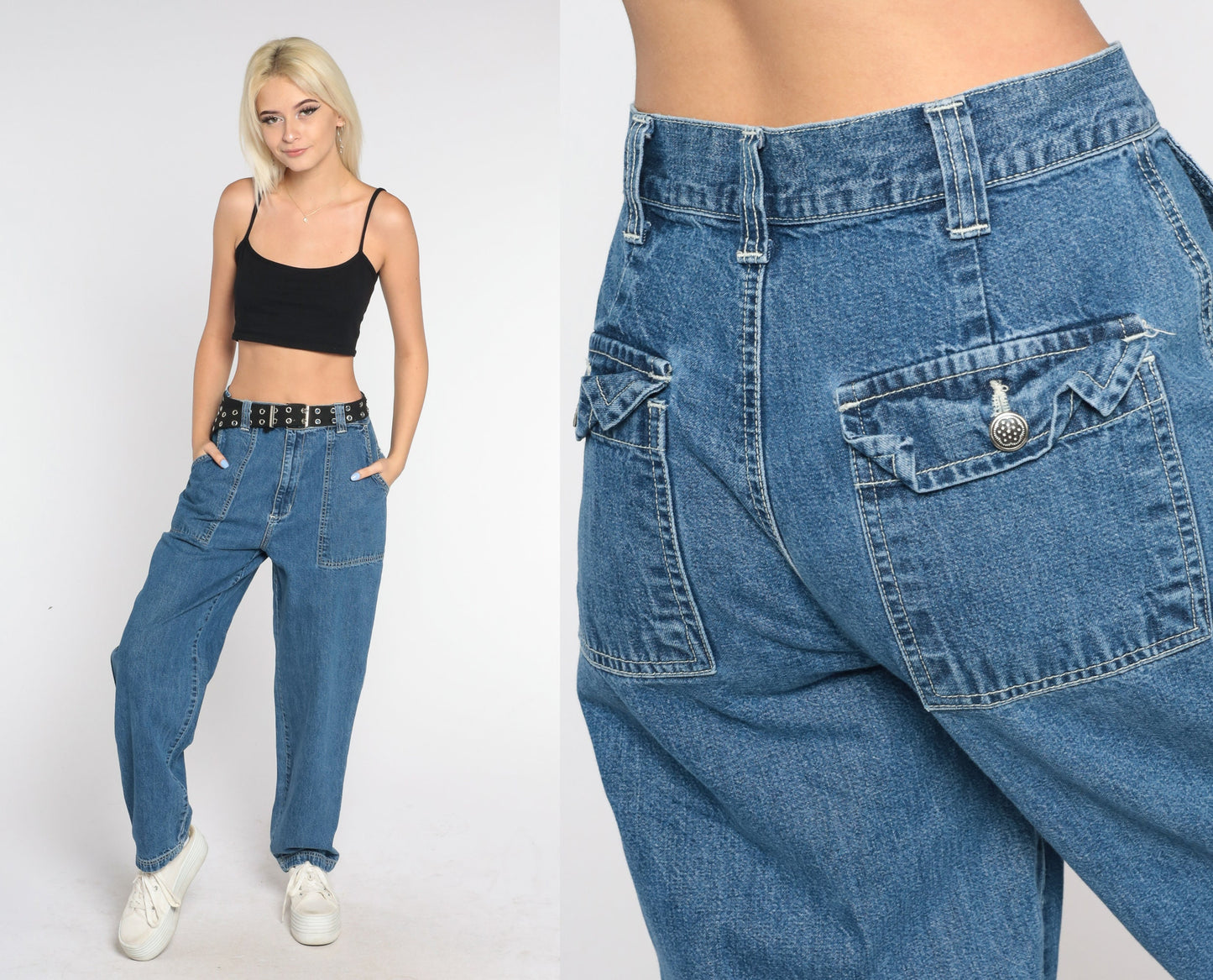 Baggy Jeans Y2k Relaxed Denim Pants High Rise Waisted Boyfriend Jeans Large Cargo Pockets Egirl Streetwear Basic Vintage 00s Medium 8 30