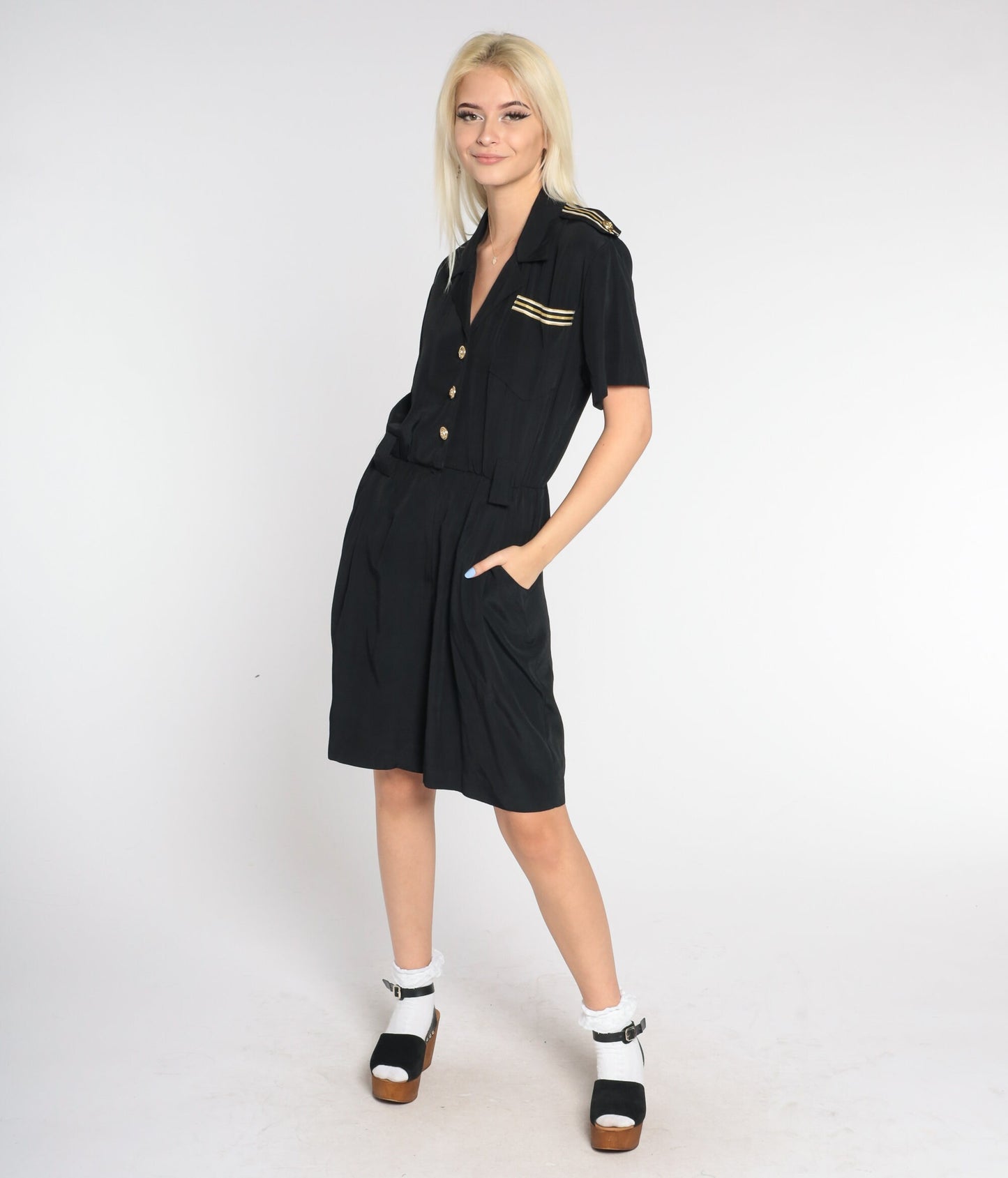 Black Romper 90s Mini Playsuit Preppy Collared Button Up One Piece Military Dress Wide Leg Shorts Short Sleeve Vintage 80s Medium 10