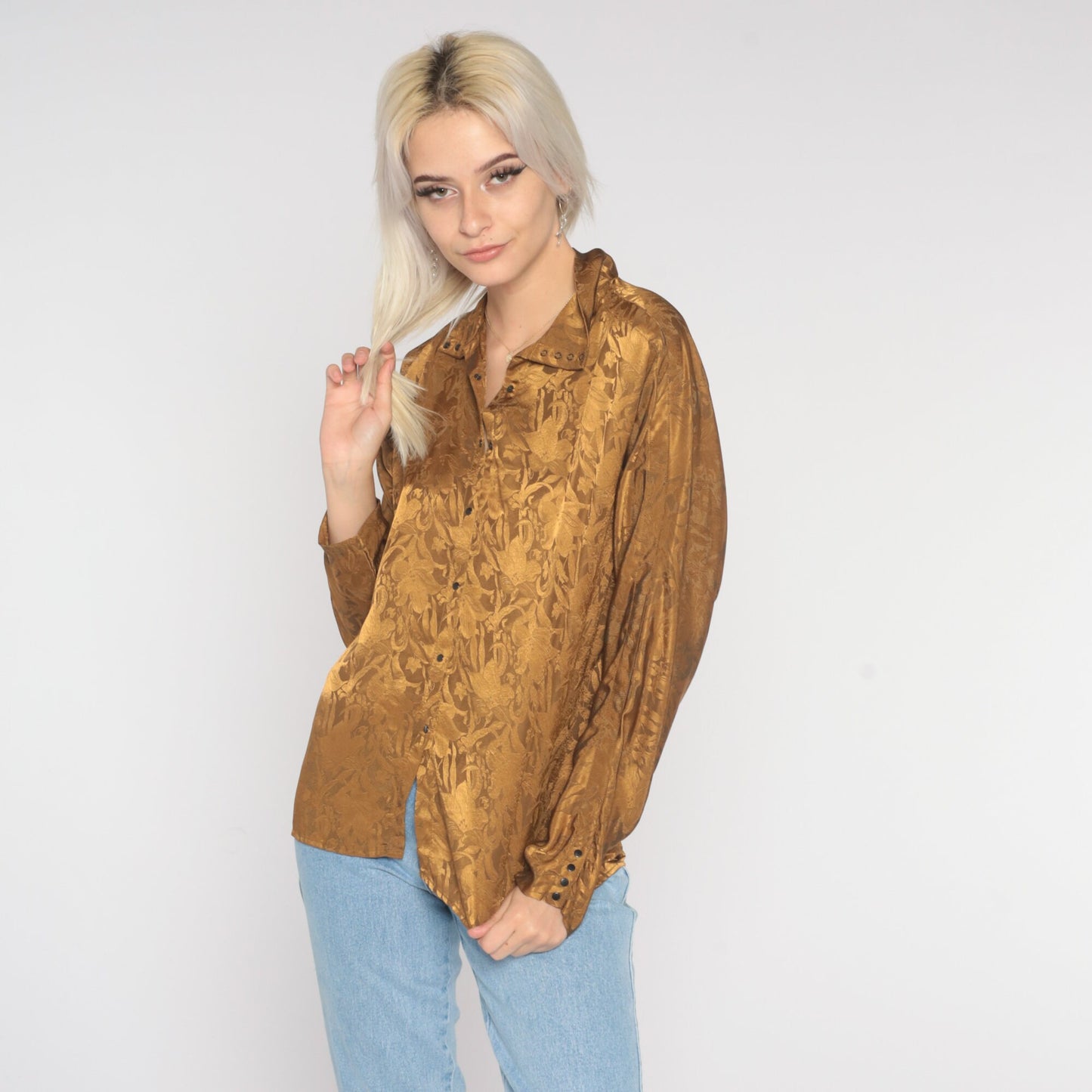 Brown Floral Shirt Embossed 80s Long Sleeve Blouse Floral Shirt Button Up 1980s Boho Vintage Statement Top Medium 8