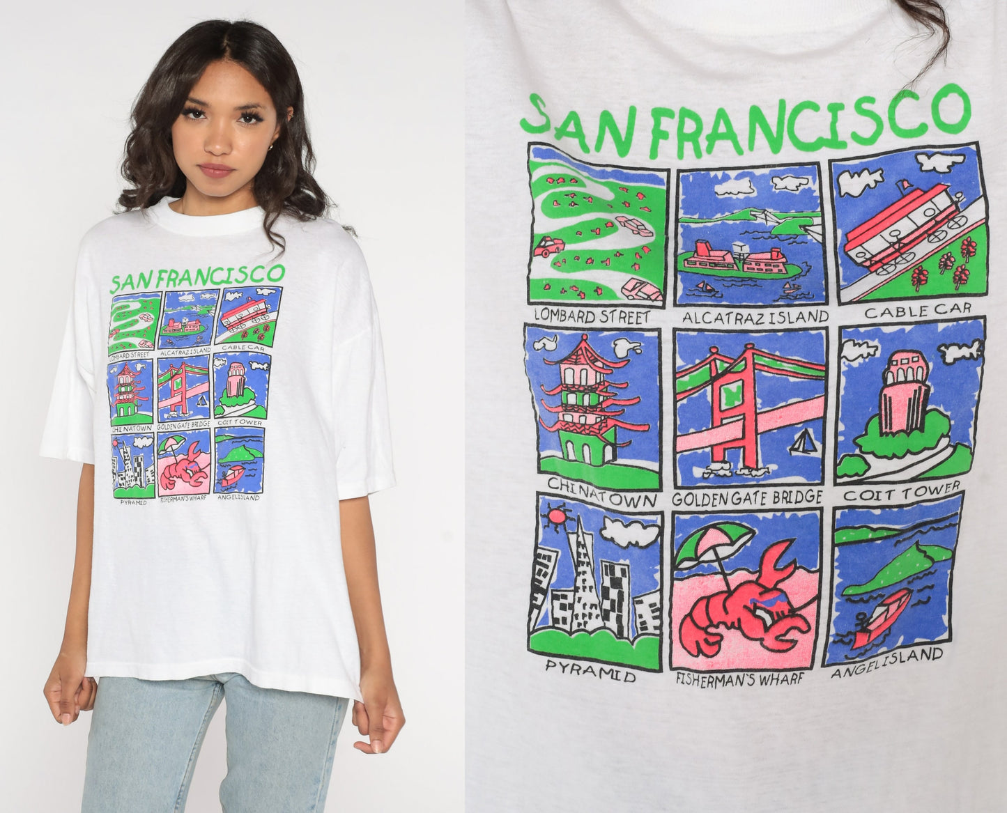 San Francisco Shirt 90s SF California Tshirt San Fran Landmarks Graphic Tee Retro Tourist Single Stitch White Vintage 1990s Large xl l