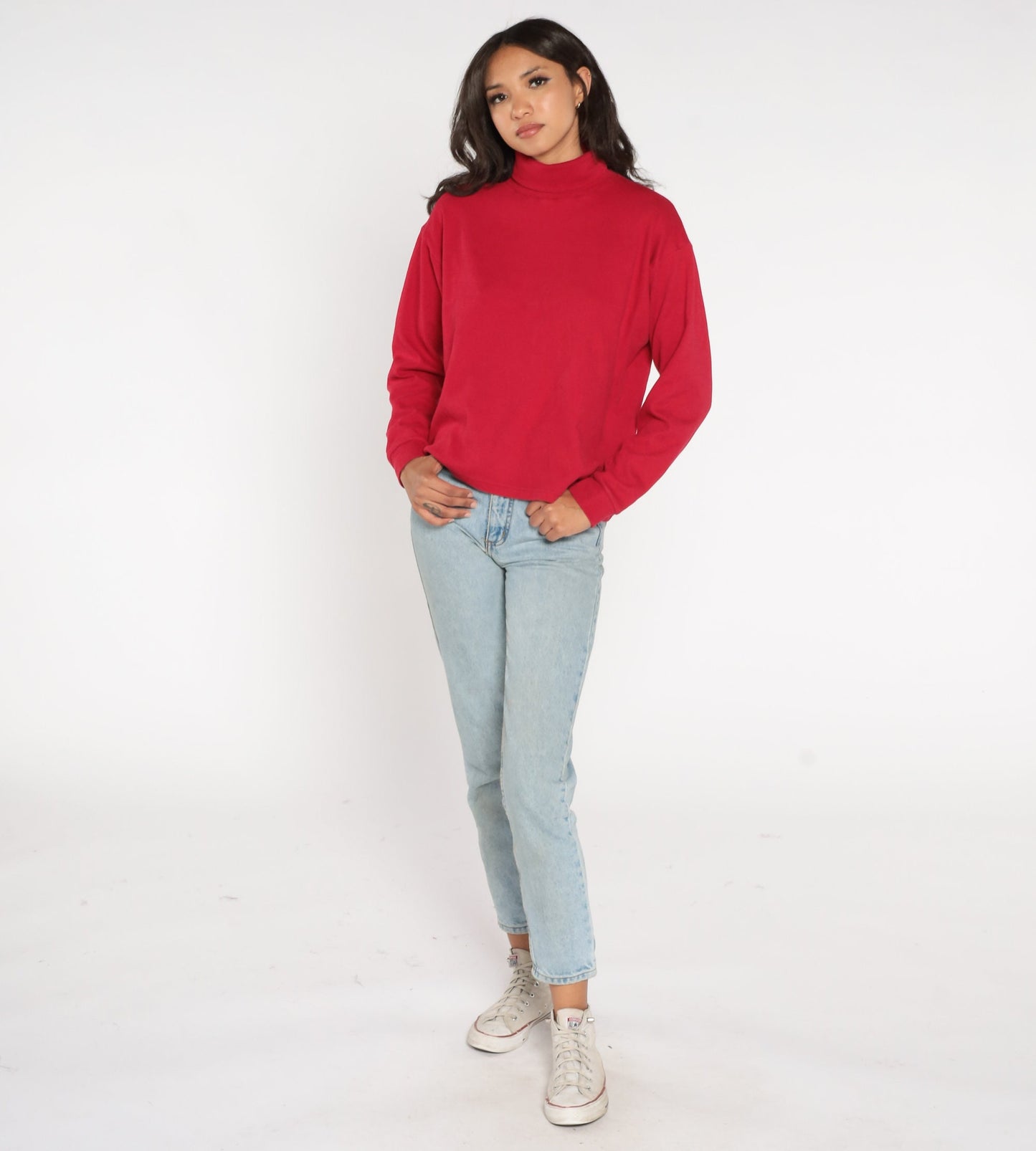 Red Turtleneck Top 90s Plain Long Sleeve Shirt Retro Basic Tee Turtle Neck Simple Basic Solid Minimalist Layering Vintage 1990s Large L