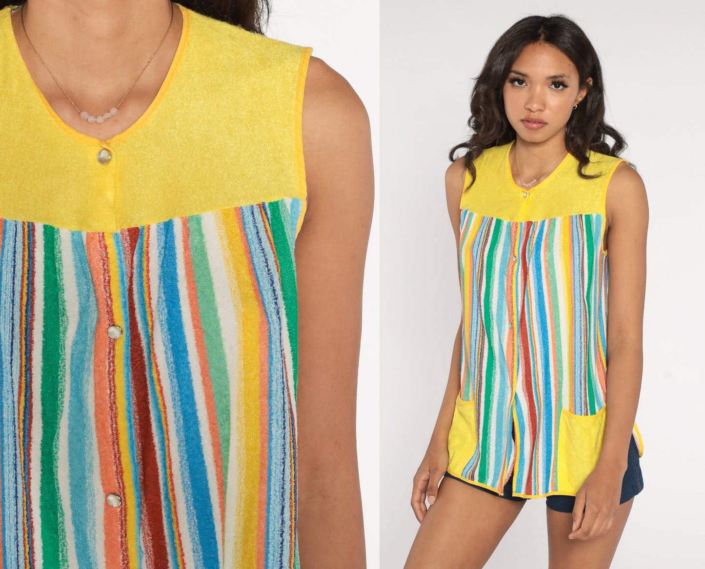Terry Cloth Tank Top 70s Striped Shirt Snap Up Boho Rainbow Tent Top Yellow Terrycloth Retro Sleeveless Summer Blouse Vintage 1970s Medium M