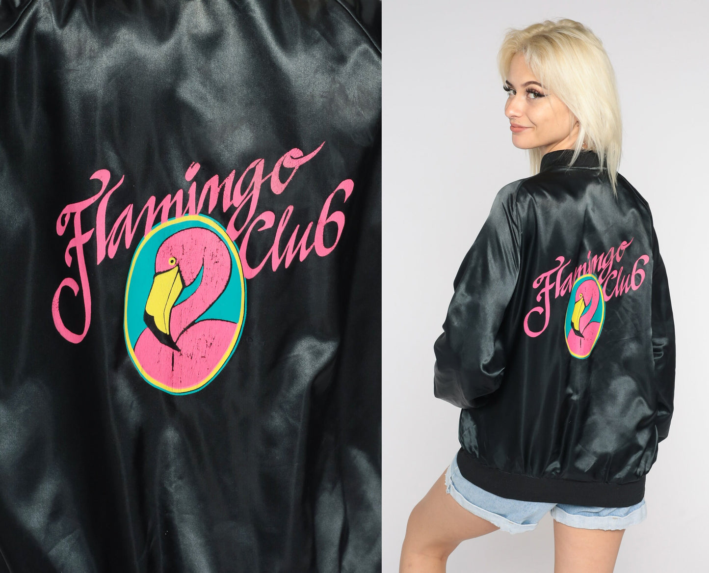 Flamingo Club Jacket 90s Black Satin Bomber Jacket Retro Uniform Snap Up Windbreaker Las Vegas Resort Streetwear Vintage 1990s Mens Medium M