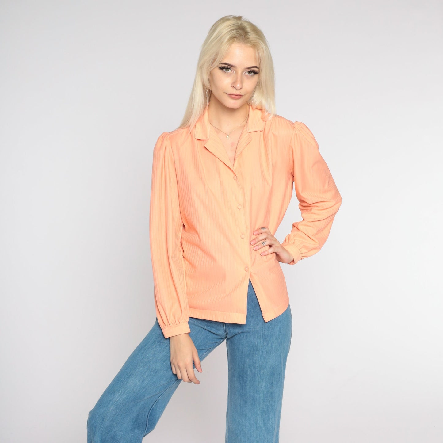Peach Blouse 70s Puff Sleeve Shirt Striped Button Up Top Retro Preppy Feminine Seventies Secretary Blouse Vintage 1970s Long Sleeve Large L