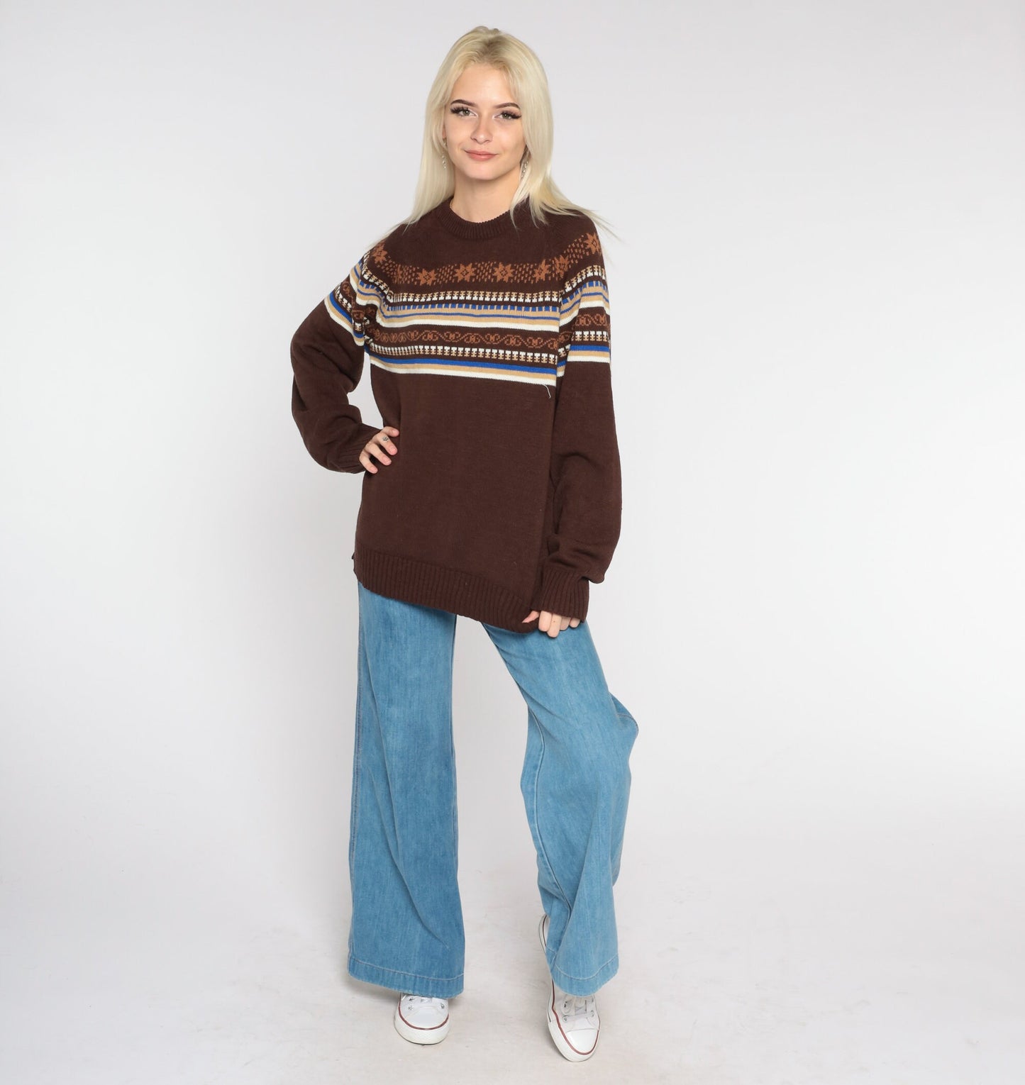 70s Sweater Brown Pullover Knit Sweater Retro Striped Fair Isle Snowflake Print Crewneck Jumper Ski Acrylic Vintage 1970s Extra Large xl