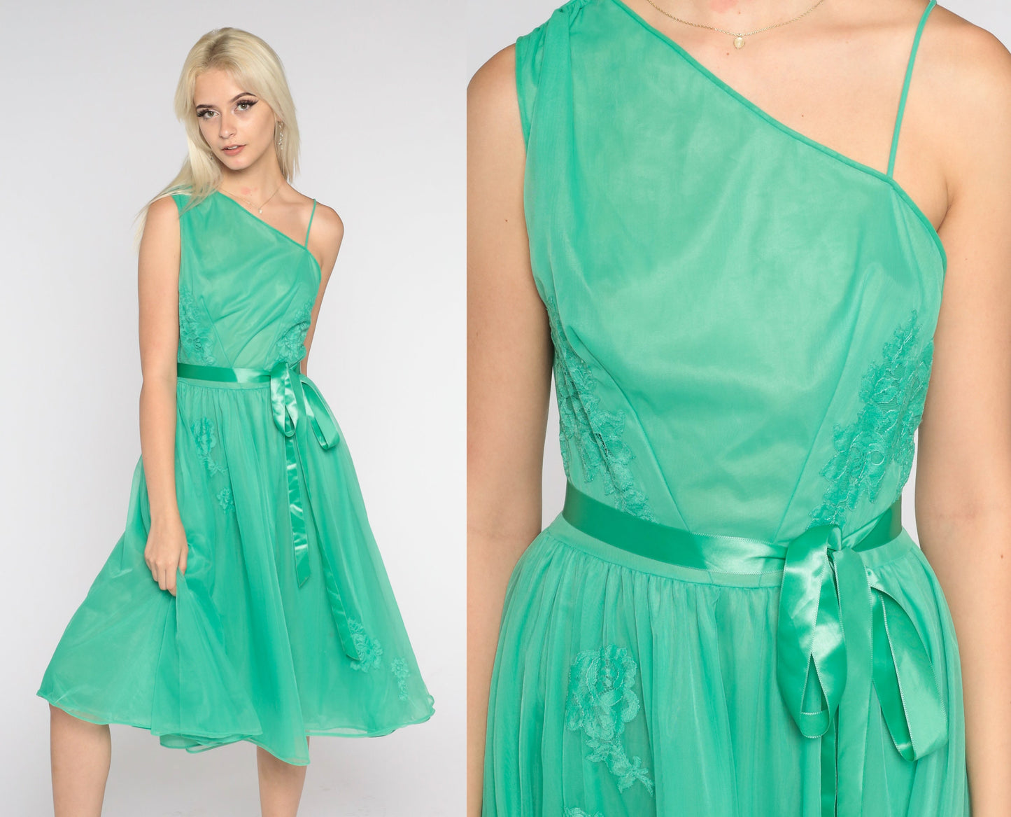 One Shoulder Dress 60s Slip Party Dress Green Nylon Nightgown Floral Lace Applique Midi Dress High Waist Cocktail Vintage 1960s Small S 32