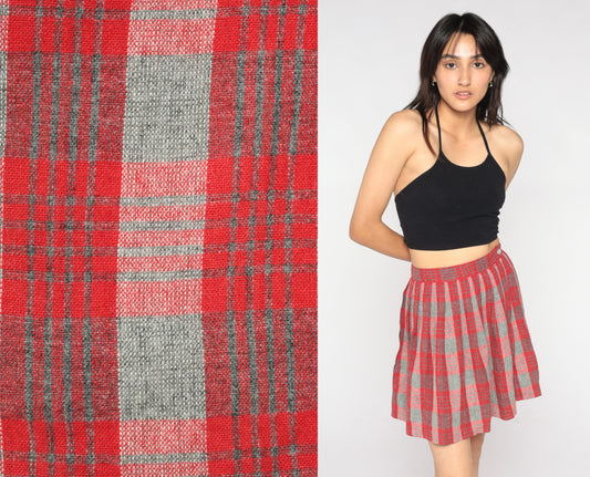 60s Mini Skirt Plaid Wool School Girl Skirt High Waist Preppy Checkered Retro Lolita Red Grey Checkered Uniform Vintage 1960s Extra Small xs