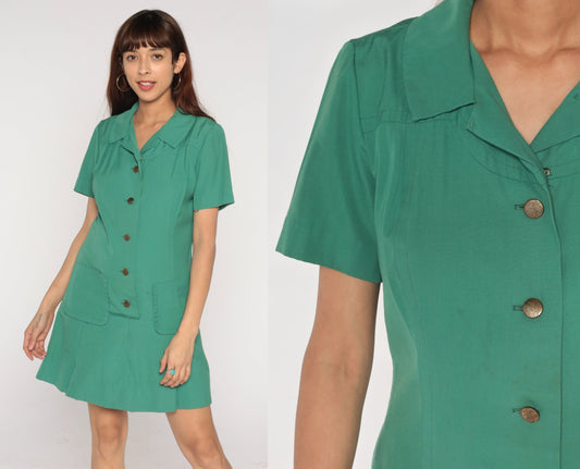 60s Girl Scout Dress Mini Button Up Scouts USA Uniform Dress Retro Preppy Short Sleeve High Waisted Green School Girl Vintage 1960s Medium M