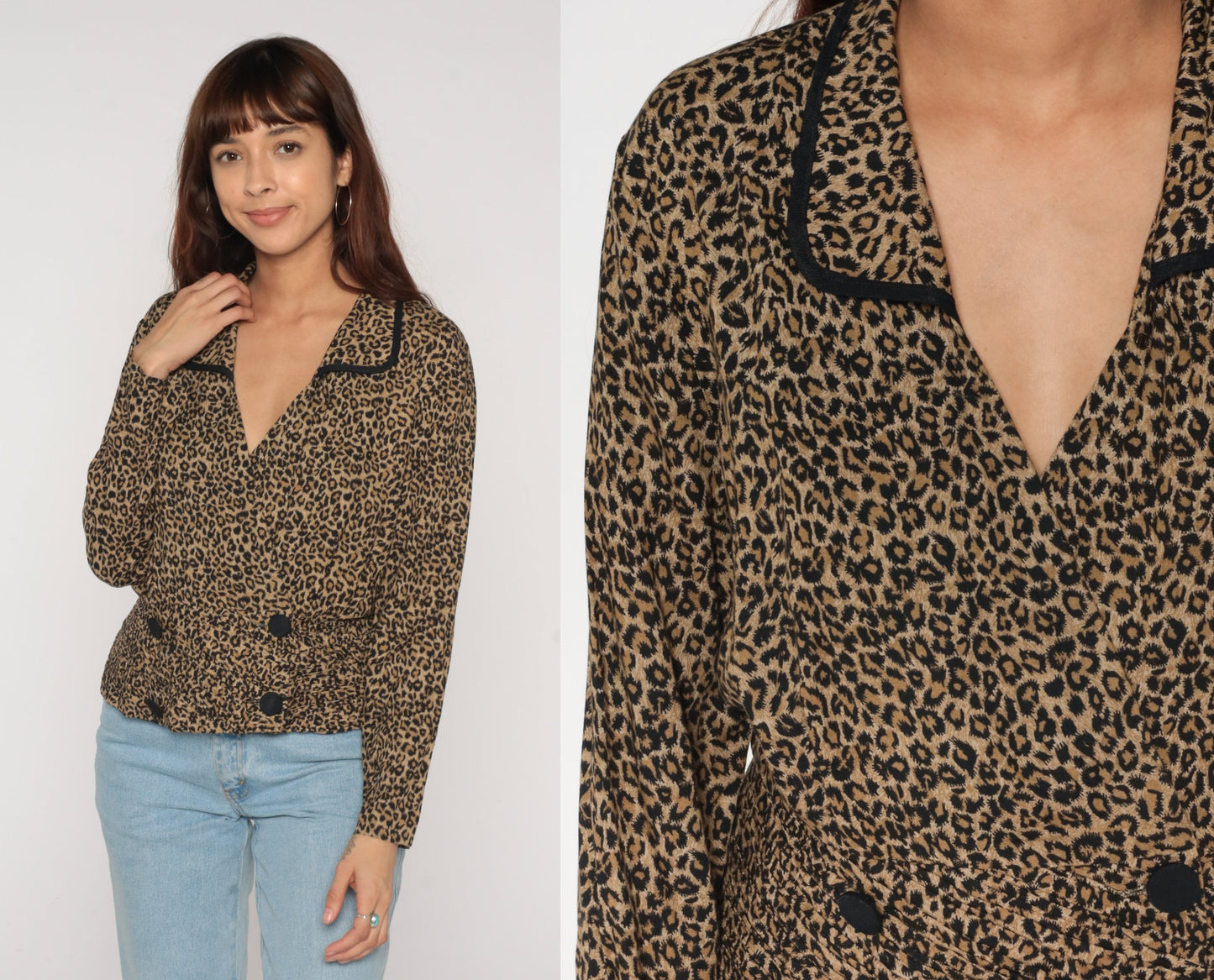 Leopard Print Blouse 90s Animal Print Shirt Double Breasted Button up Long Sleeve Top Collared V Neck Party Cheetah Vintage 1990s Large L 12