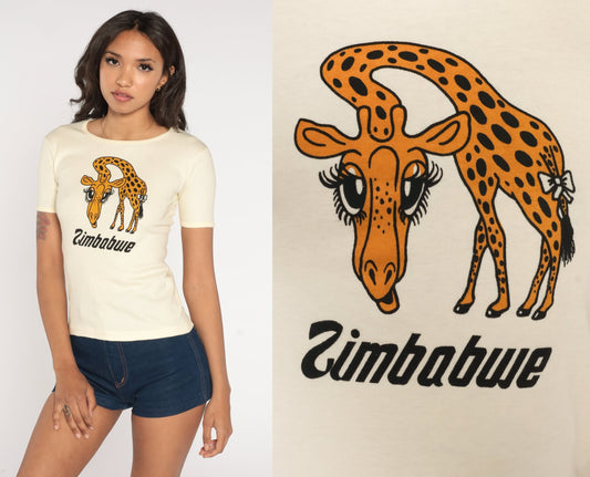 Zimbabwe Giraffe Shirt 70s Africa TShirt Graphic Tee Retro Tourist T-Shirt Travel Animal Wildlife Single Stitch Tee Vintage 1970s Small S