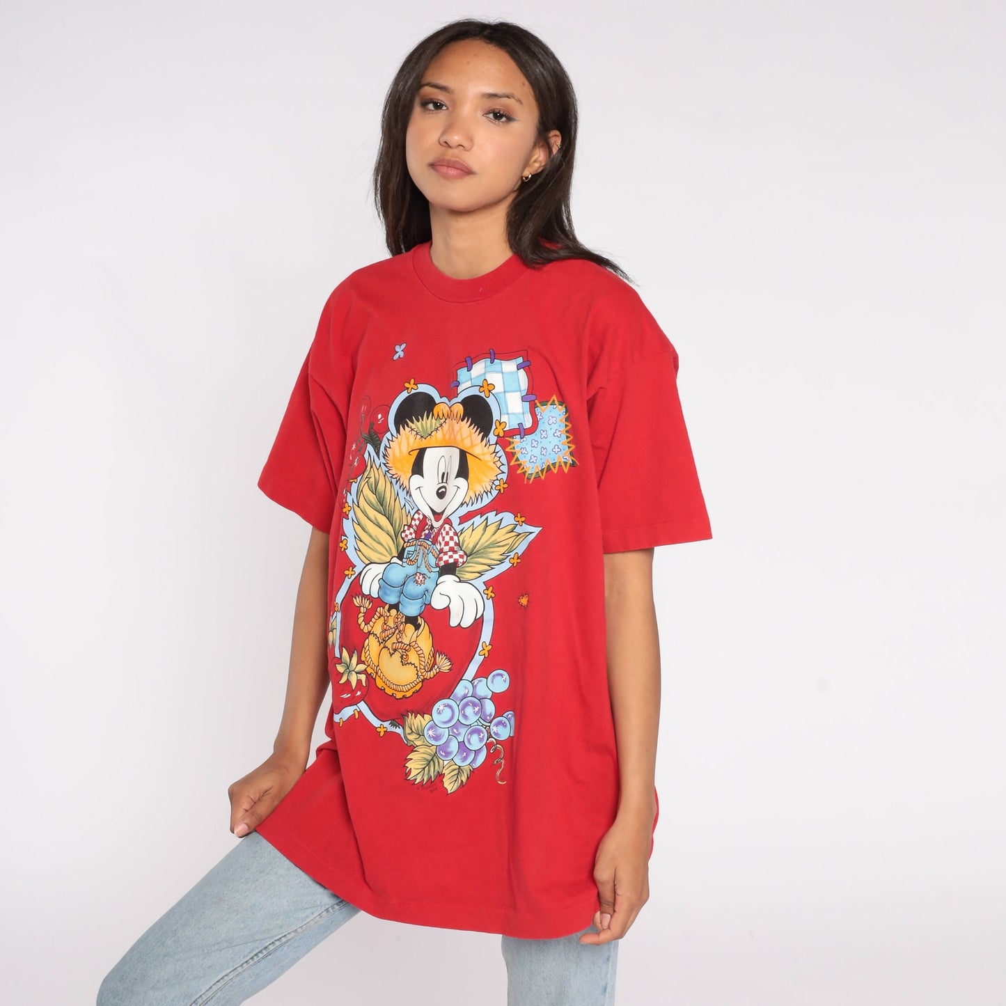 90s Mickey Mouse TShirt -- Farmer Walt Disney Shirt 1990s Country Fruit Graphic Cartoon T Shirt Vintage Retro Tee Red Shirt Extra Large xl