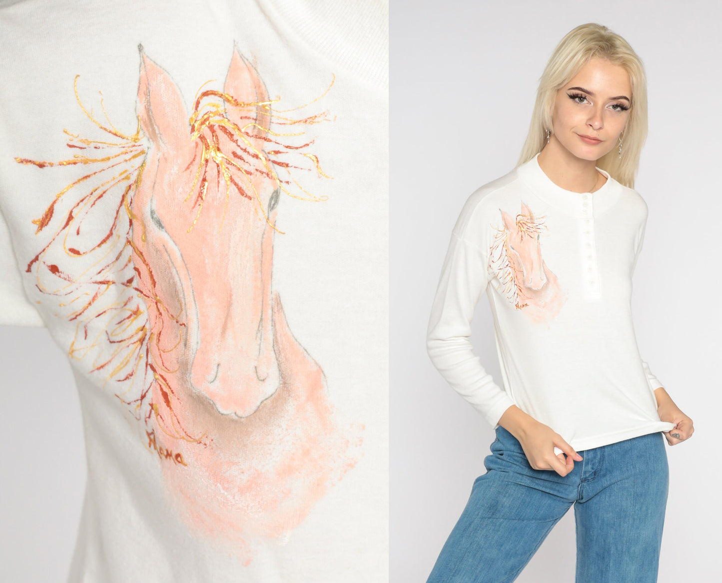 Painted Horse Shirt 90s Glitter Paint T-shirt Sparkly Long Sleeve Henley Animal Shirt Retro Boho Top Streetwear White 1990s Vintage Small S