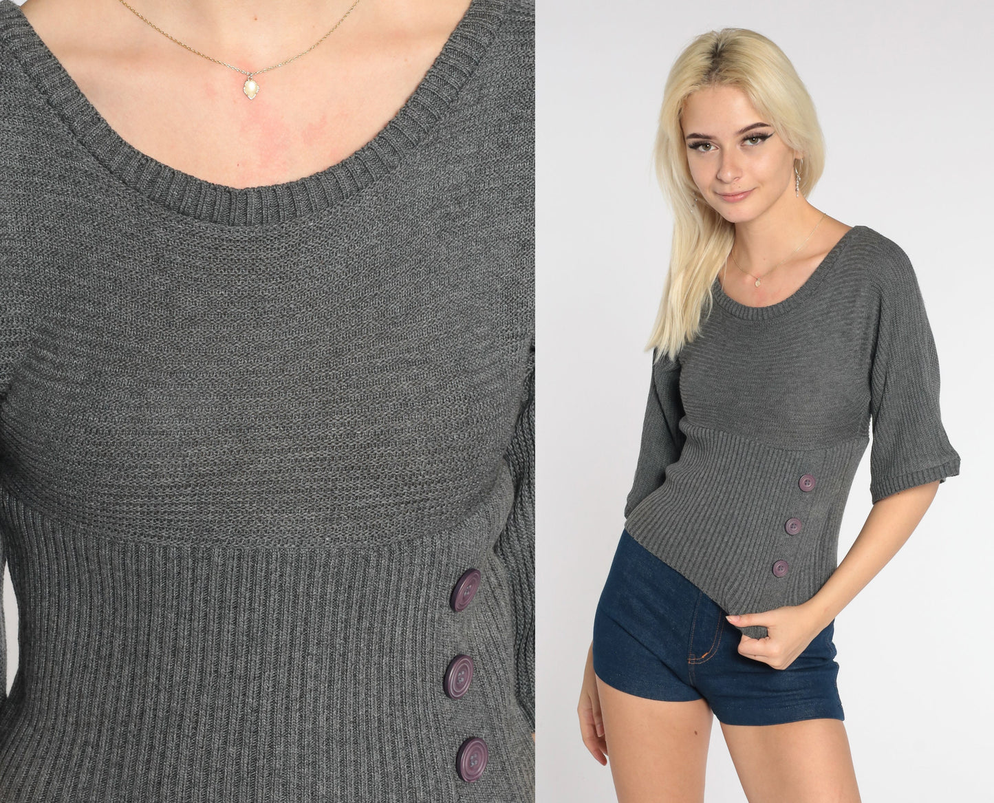 Grey Knit Shirt Y2K Sweater Top Plain Retro Short Wide Sleeve Blouse Simple Basic Casual Plain Charcoal Blouse Vintage 00s Acrylic Small S
