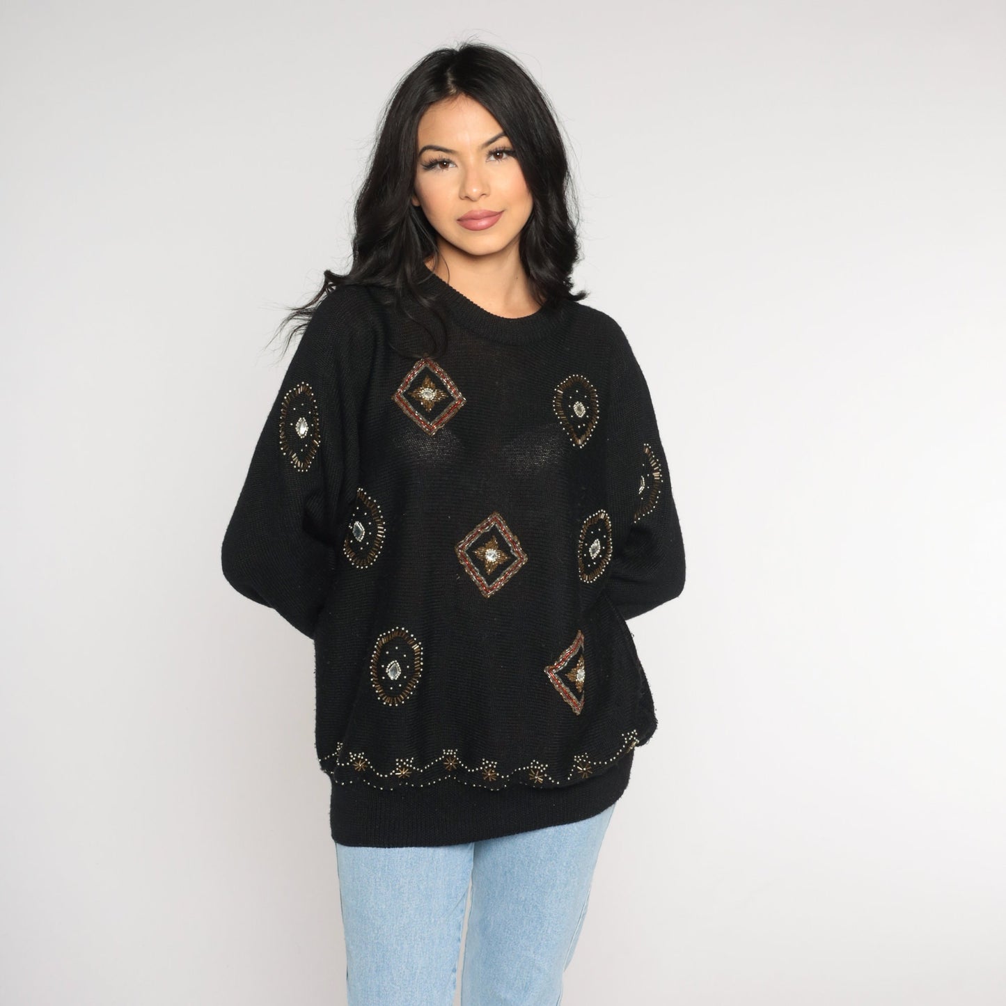 Black Beaded Sweater 90s Sparkly Pullover Knit Sweater Semi Sheer Geom