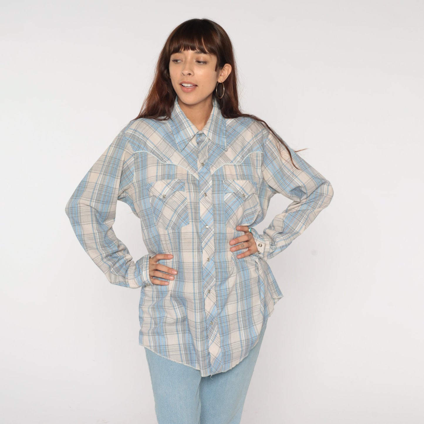 Plaid Western Shirt 80s Button Up Pearl Snap Shirt Collared Rodeo Cowgirl Long Sleeve Cowboy Blue Vintage 1980s Karman JC Penney Men's Large