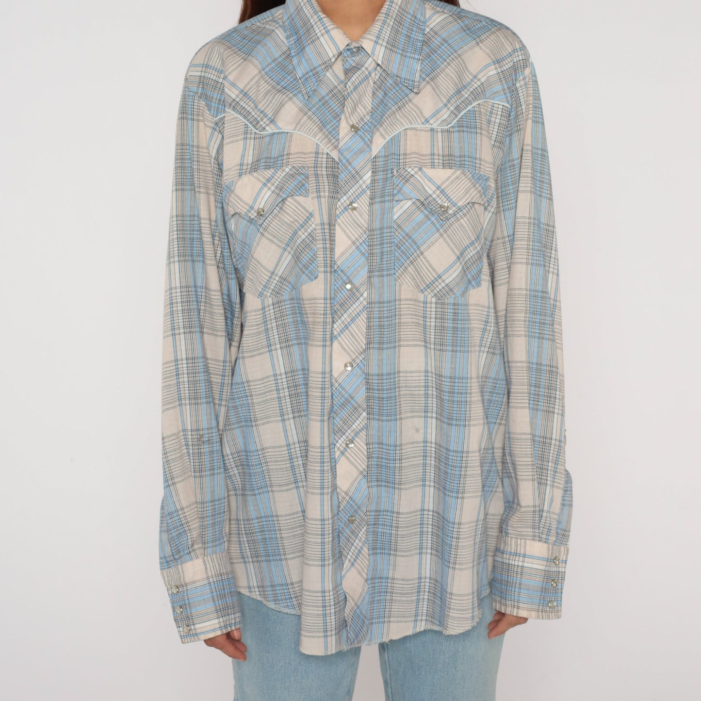 Plaid Western Shirt 80s Button Up Pearl Snap Shirt Collared Rodeo Cowgirl Long Sleeve Cowboy Blue Vintage 1980s Karman JC Penney Men's Large