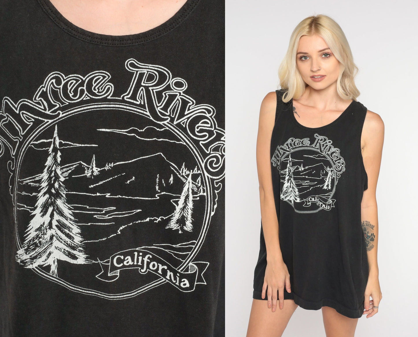 Three Rivers Tank Top 90s California T-Shirt Forest Trees Mountains Graphic Tee Tourist Sleeveless Shirt Black Vintage 1990s Extra Large xl