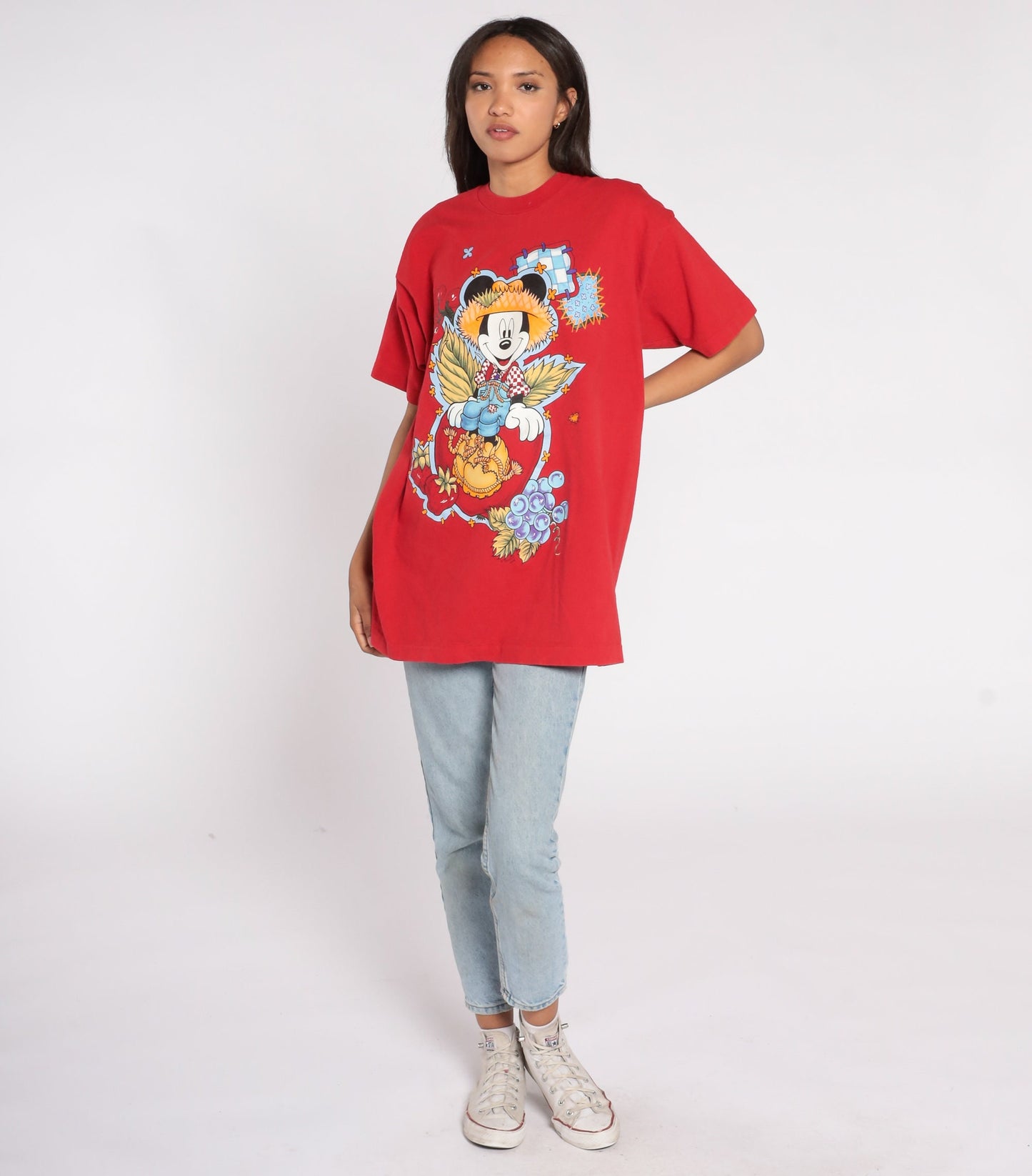90s Mickey Mouse TShirt -- Farmer Walt Disney Shirt 1990s Country Fruit Graphic Cartoon T Shirt Vintage Retro Tee Red Shirt Extra Large xl