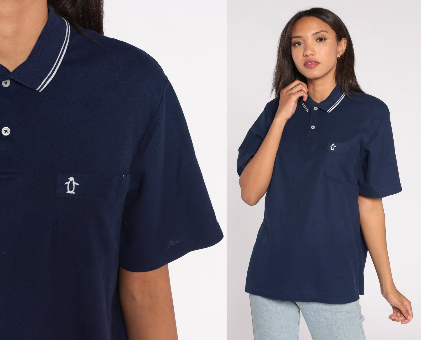 80s Polo Shirt Navy Blue Munsingwear Shirt Penguin Polo Shirt Half Button Up Tshirt 1980s Retro Vintage Tee Preppy Collared Men's Large L