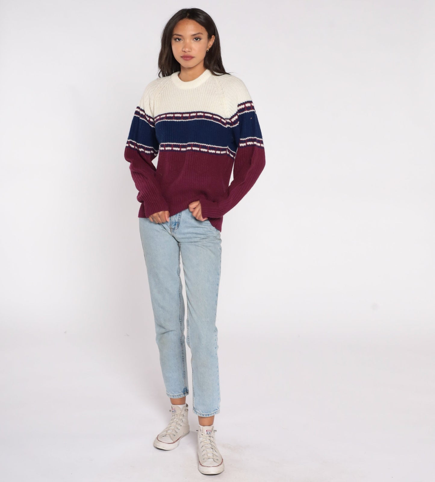 Color Block Sweater 80s Striped Purple Blue White Slouchy Ribbed Knit Stripe Print 1980s Raglan Sleeve Vintage St John's Bay Medium