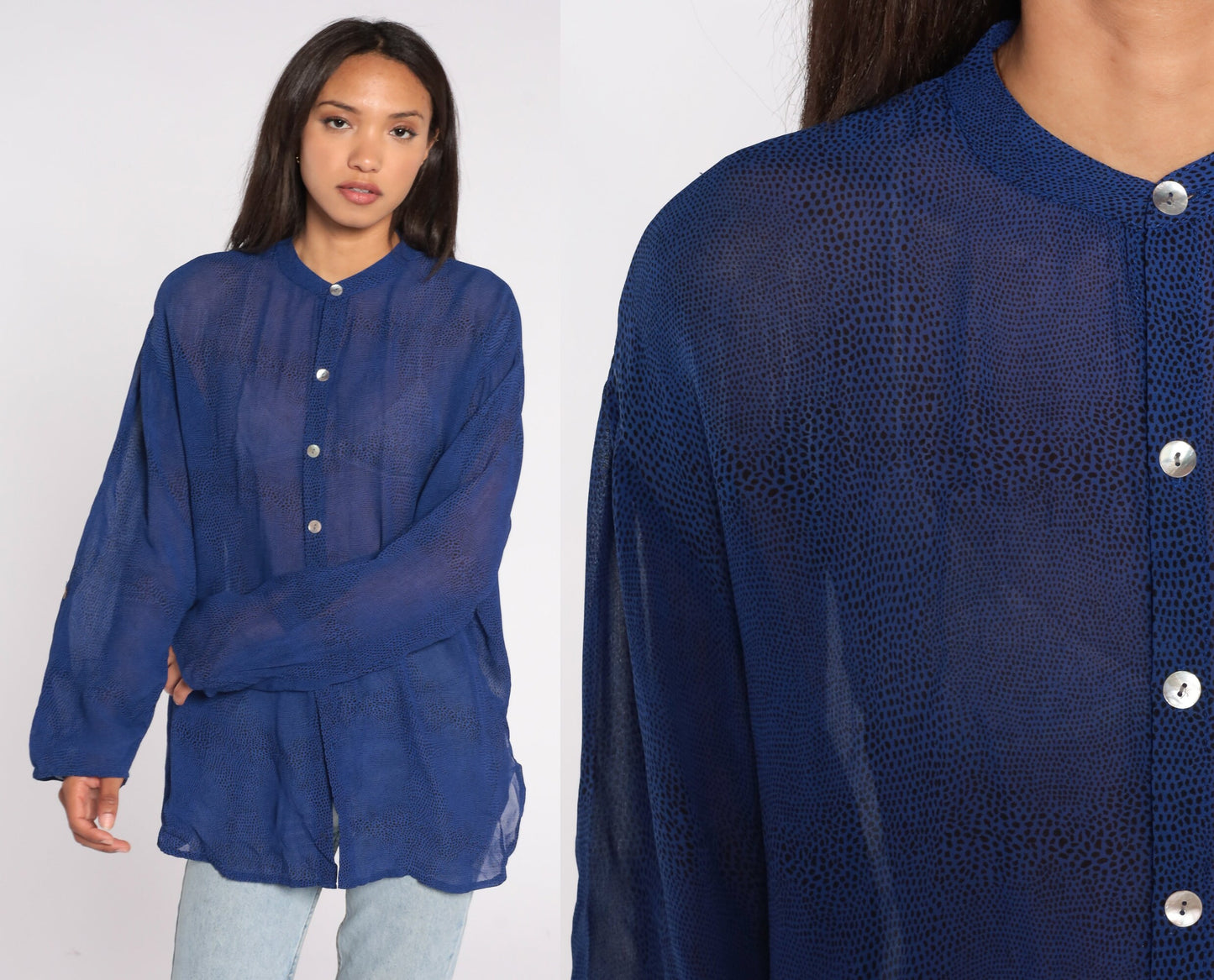 Sheer Blue Top 00s Shirt Snakeskin Print Dot Blouse Y2K Shirt Long Sleeve Button Up See Through Vintage Oversized Extra Small xs 2