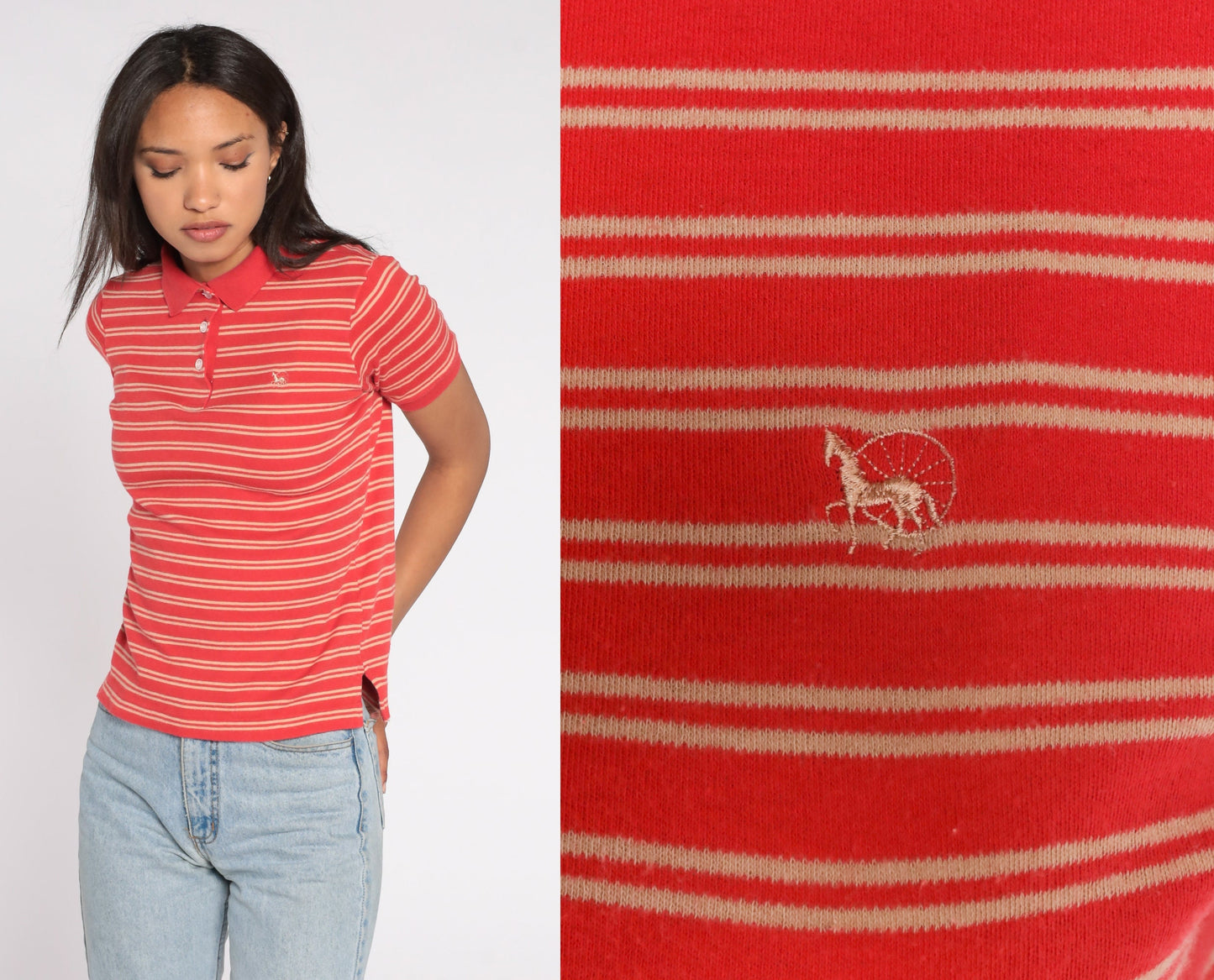 Striped Shirt Polo 80s 90s Red Horse Crest Collared T Shirt 1990s Normcore Collar Vintage Retro Half Button Up Shirt Preppy Tan Small S
