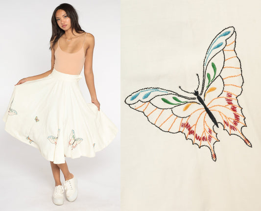 1960s Butterfly Skirt White Embroidered Skirt 60s Hippie Boho High Waisted Circle Skirt Pin Up Midi Vintage Bohemian High Waist Small