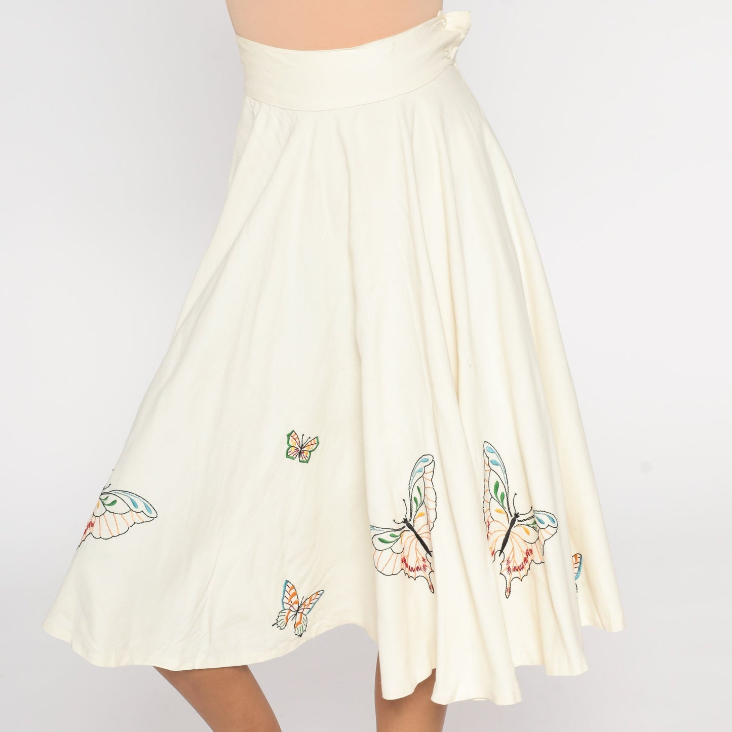 1960s Butterfly Skirt White Embroidered Skirt 60s Hippie Boho High Waisted Circle Skirt Pin Up Midi Vintage Bohemian High Waist Small